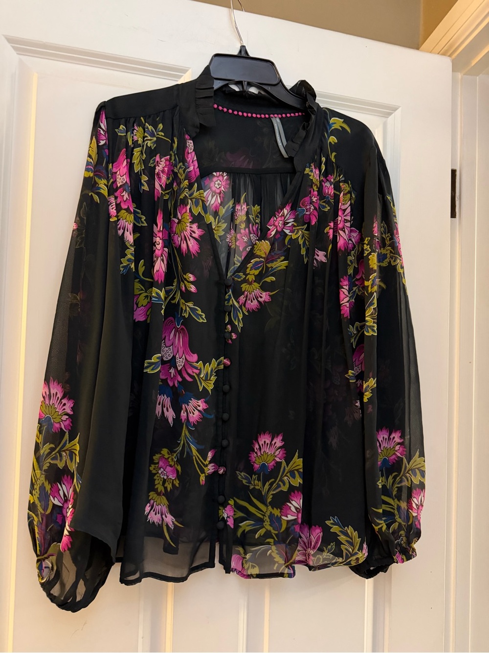 Anthropologie Estela Sheer Black Floral Button-Front Blouse Print